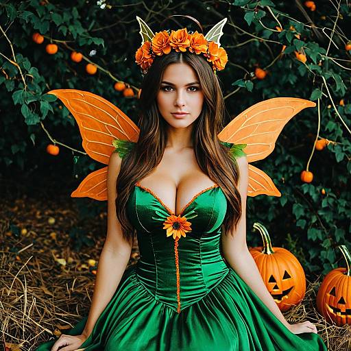 Woman in Fairy Halloween Costume with Pumpkin