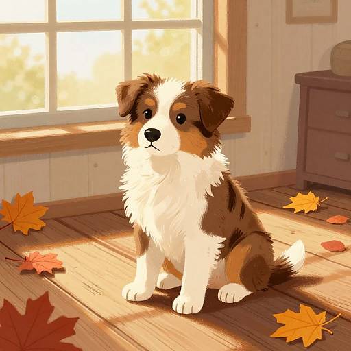 Digital drawing of a cute, brown-and-white puppy sitting on wooden floor, surrounded by autumn leaves, in sunlit room with window.