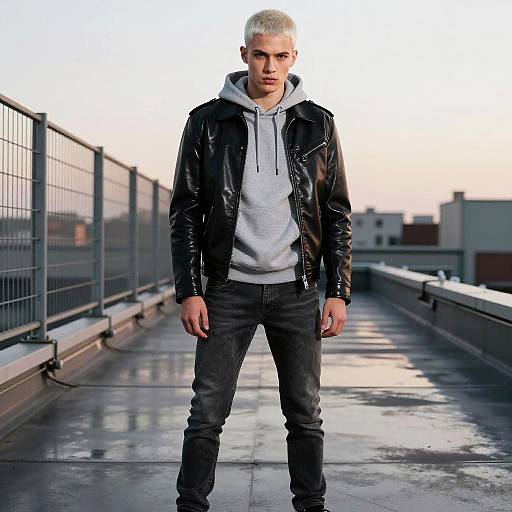 Photograph of a serious, blonde-haired man with pale skin, wearing a black leather jacket, gray hoodie, and black jeans, standing on a wet