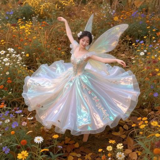 Photograph of a fairytale fairy in a shimmering, iridescent white ball gown with glowing wings, dancing in a vibrant, colorful me