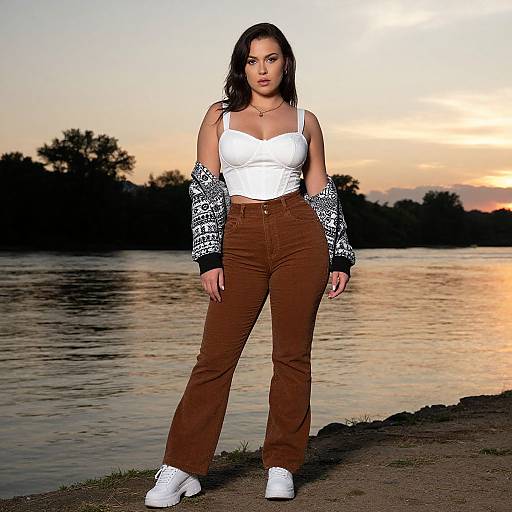 Photograph of a confident woman with dark hair, wearing a white tank top, brown high-waisted pants, black-and-white jacket, and white