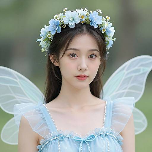 Photograph of an Asian woman with fair skin, wearing a blue flower crown, fairy wings, and a light blue dress, standing in a blurred green