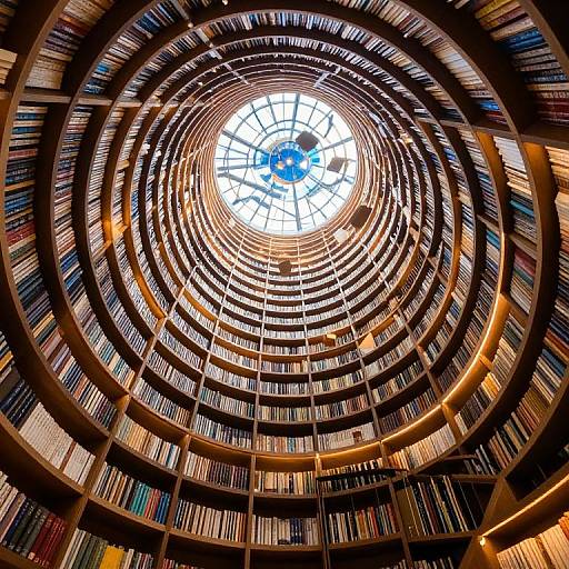 Photograph of a circular library ceiling with a glass skylight, surrounded by tightly-packed bookshelves in concentric rings, illuminated by warm,