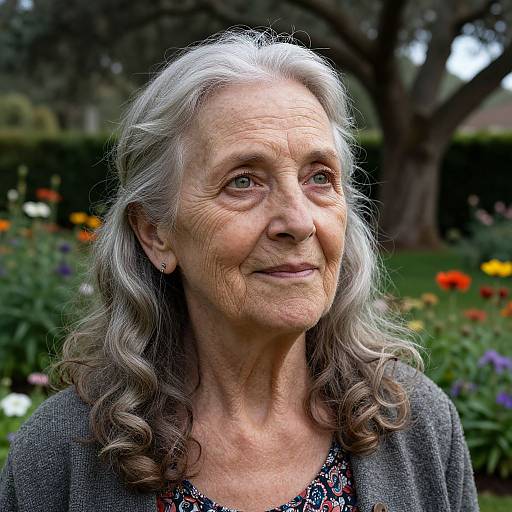 Photograph of an elderly woman with long, wavy gray hair, wearing a gray cardigan, standing outdoors in a colorful garden. She smiles gently