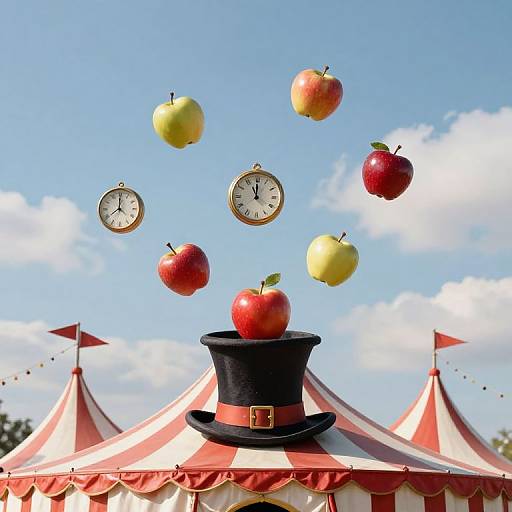 Surreal Circus with Floating Apples