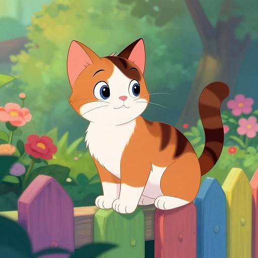 Cartoon orange and white kitten with large blue eyes sits on colorful wooden fence in vibrant, sunny garden with flowers.