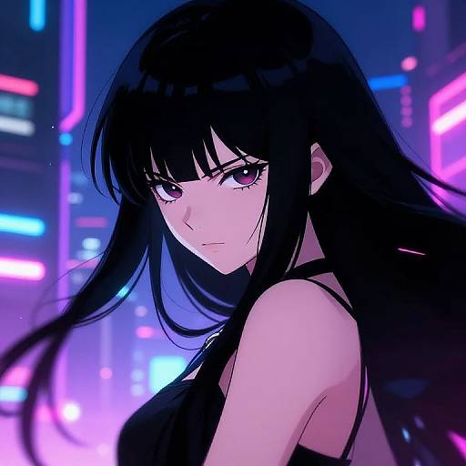 Digital anime-style portrait of a serious, dark-haired woman with pink eyes, wearing a black top, set against a neon-lit cityscape.