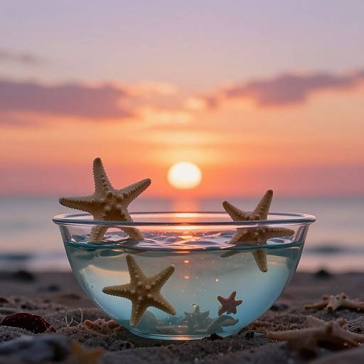 Photograph of a glass bowl filled with water and three starfish, set on a sandy beach at sunset with a glowing orange and pink sky.
