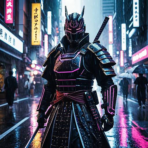 Android Samurai in Neon Tokyo Rain