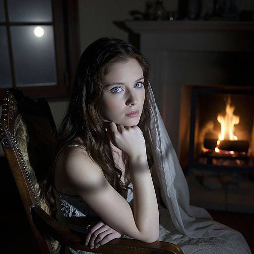 Photograph of a pale-skinned, blue-eyed young woman with long brown hair, wearing a veil, sitting by a lit fireplace at night.