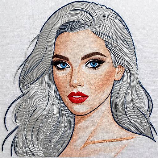 Digital illustration of a fair-skinned woman with long, wavy silver hair, striking blue eyes, and bold red lipstick. Comic-style, detailed,