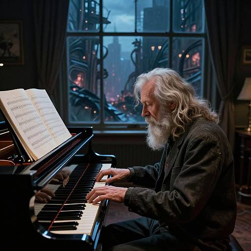 Pianist in Dystopian Nightscape