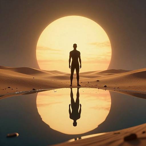 Silhouetted figure stands in reflective desert pool at sunset, facing massive, glowing sun over golden sand dunes. Photorealistic digital art.
