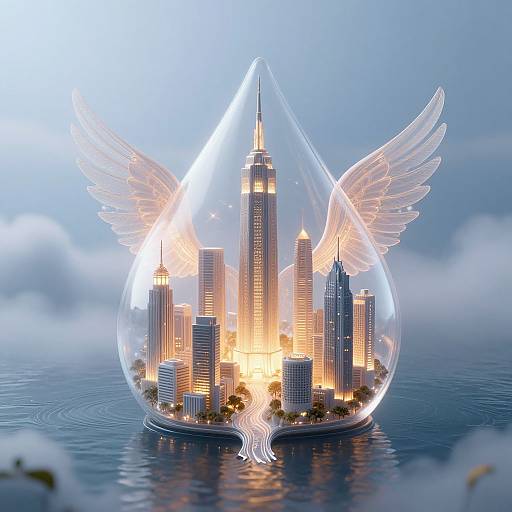 Digital illustration of a cityscape with illuminated skyscrapers inside a clear, winged glass dome floating on a calm blue ocean.