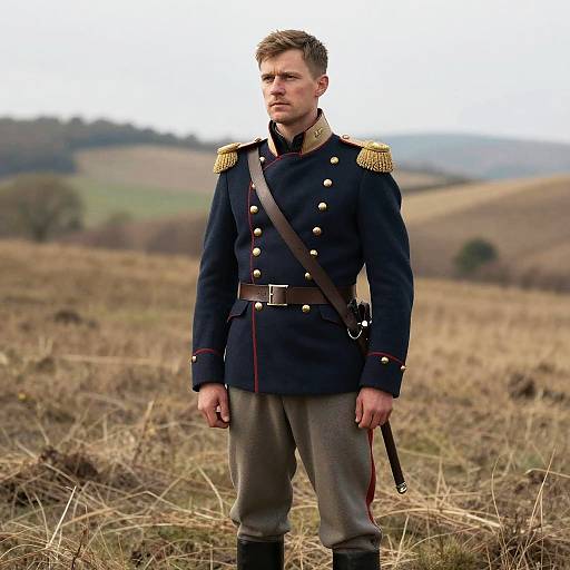 Photograph of a stern-looking, blonde-haired man in a dark blue British military uniform with gold epaulettes, standing in a dry, grass