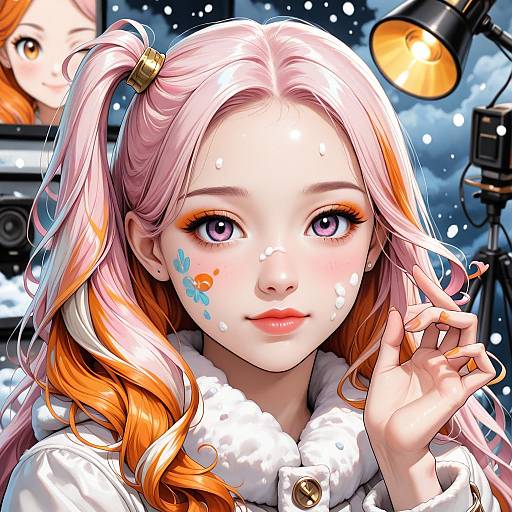 Digital anime-style portrait of a pink-haired girl with orange streaks, purple eyes, and colorful face paint, wearing a white fur-collared coat