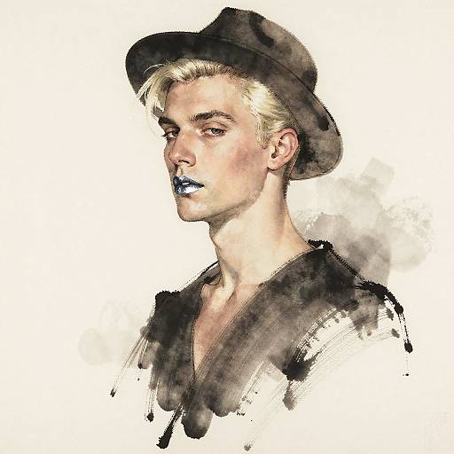 Modernist Portrait of Man with Hat and Silver Lipstick