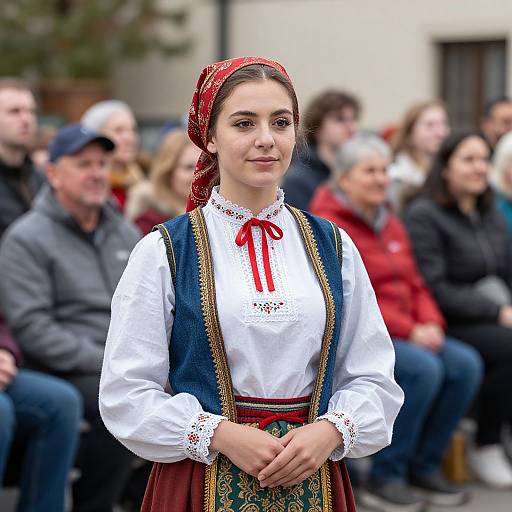Photograph of a young woman in traditional folk attire, white blouse with red ribbon, blue embroidered vest, and red headscarf, standing in front