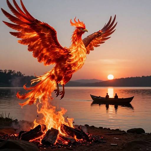 Photograph of a fiery phoenix soaring over a sunset lake, with a silhouetted boat and figure in the background.