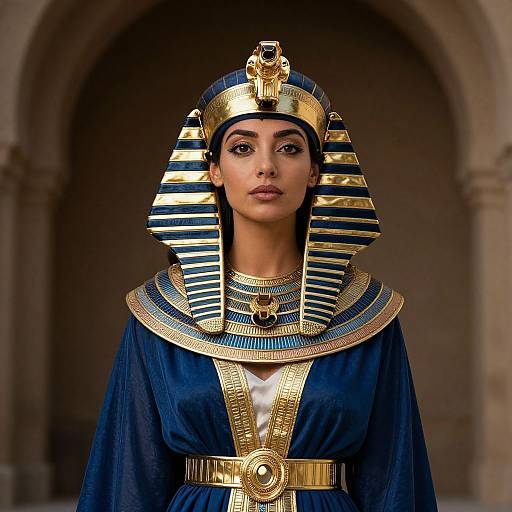 Photograph of a woman in Egyptian pharaoh attire, featuring a blue dress, gold headpiece with striped headdress, and intricate jewelry, standing in