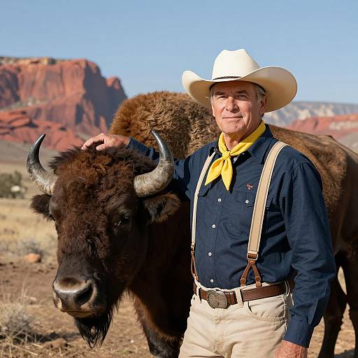Cowboy with Bison in Red Rock Desert