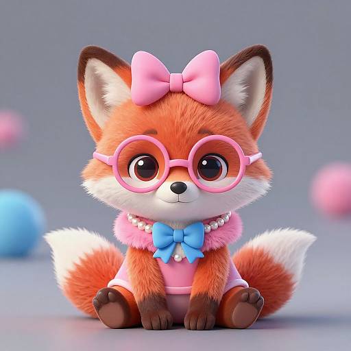 Cute digital CGI fox cub with pink bow, glasses, blue bow, pearl necklace, pink fur, and white-tipped tail, sitting against a