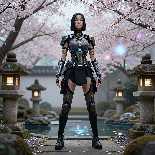 Cyberpunk Asian woman in black armor with glowing accents, standing in a serene Japanese garden with cherry blossoms and lanterns. Digital art.