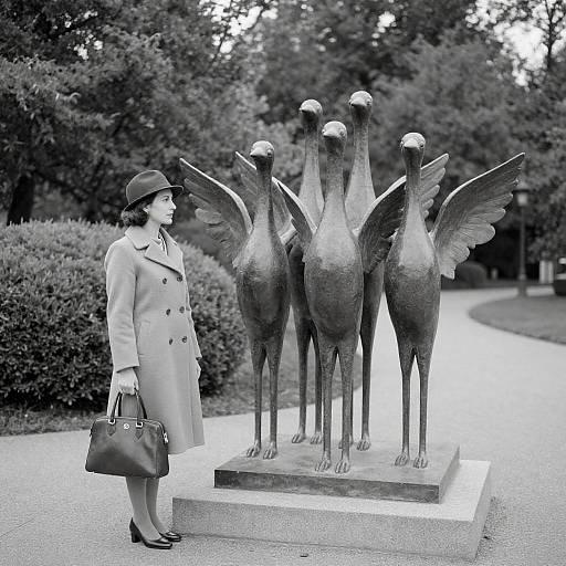 Black-and-White Woman with Bird Statues
