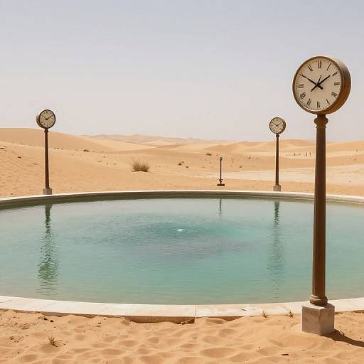 Photograph of a desert oasis featuring a circular, turquoise water pool with four standing clocks displaying different times, set against endless sandy dunes under a clear