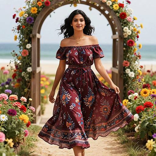 Young Woman in Floral Dress Garden