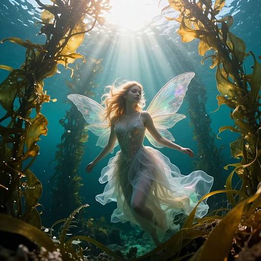 Photograph of a fairy-like woman with translucent wings, flowing white dress, surrounded by seaweed, bathed in sunlight from above.