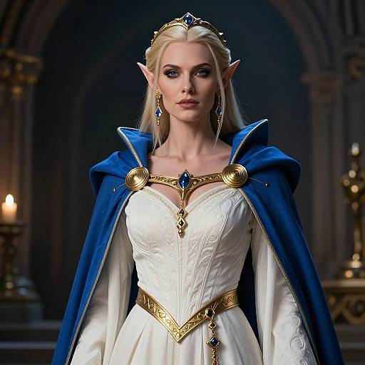 Digital fantasy artwork of a blonde, elven woman with pointed ears, wearing a white, lace-trimmed dress, gold and blue jewelry, and