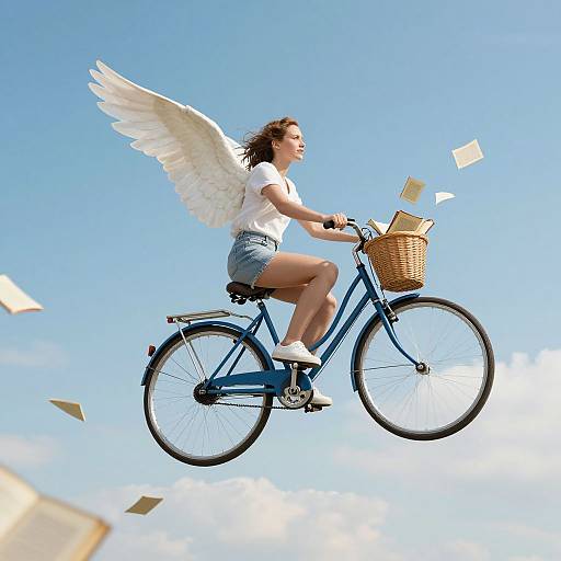 Photograph of a brown-haired woman with white angel wings, wearing a white shirt and denim shorts, riding a blue bicycle against a clear blue sky,