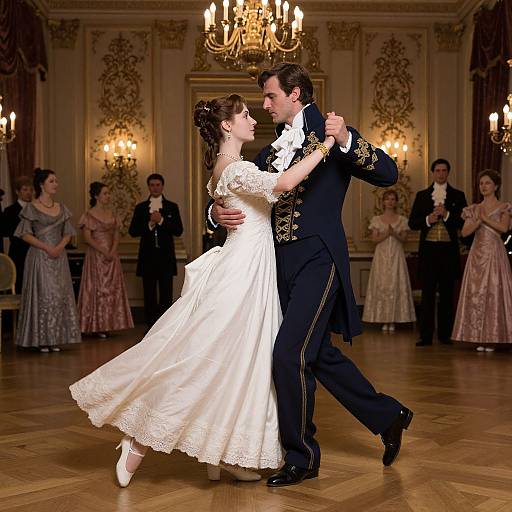 Photograph of a bride in a white lace dress and groom in a black tuxedo dancing in an ornate ballroom with chandeliers and