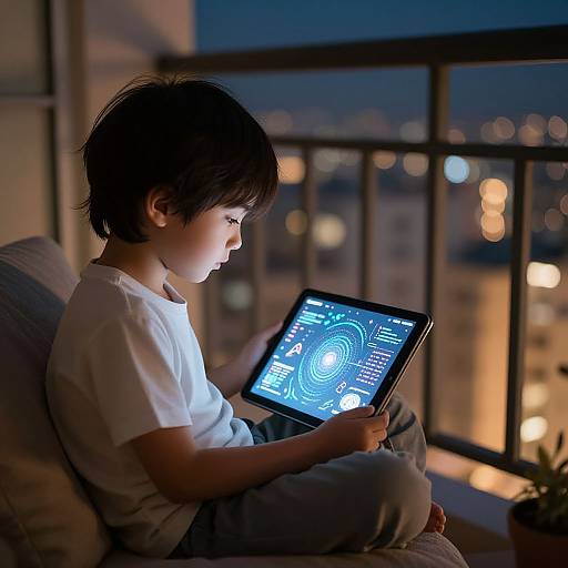 Child with AI Tablet on Balcony
