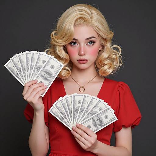 Photograph of a blonde woman with curled hair, wearing a red dress, holding two fan-shaped stacks of U.S. dollar bills against a dark background
