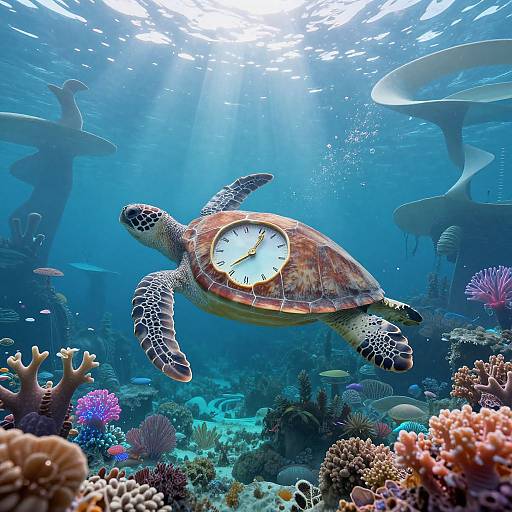 Photograph of a turtle with a clock on its shell swimming underwater, surrounded by colorful coral, rays, and fish in bright blue ocean light.