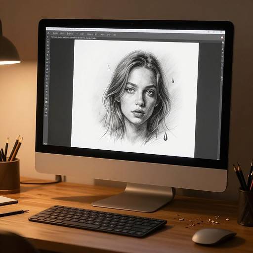 Photograph of an iMac displaying a detailed black-and-white pencil sketch of a woman with long hair, on a wooden desk.