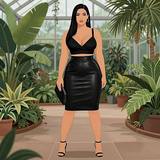 Digital drawing of a curvy woman with long black hair, wearing a black crop top and skirt, holding a clutch, standing in a lush greenhouse.