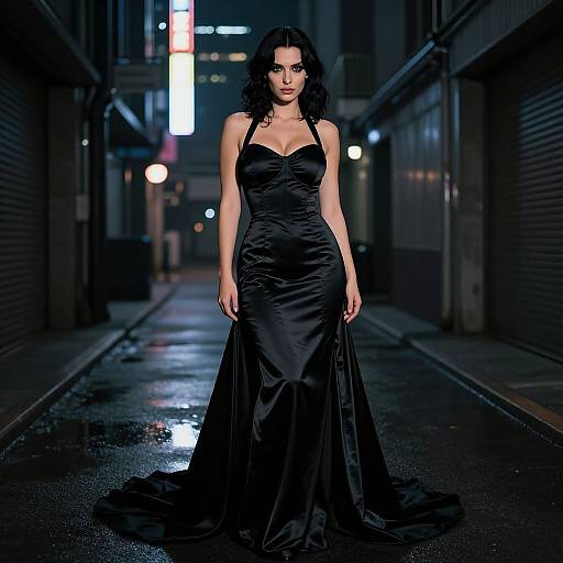 Photograph of a woman with dark wavy hair in a sleek, black, satin evening gown, standing in a dimly-lit, rain-so