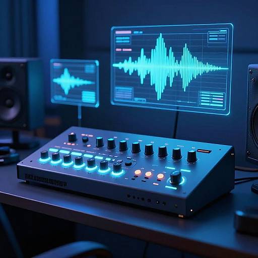 Photograph of a blue-lit electronic music synthesizer with glowing buttons, displaying ECG-like waveforms on two screens in a dimly-lit