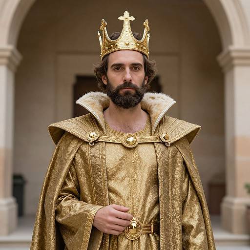 Photorealistic digital art of a bearded man with brown hair, wearing a gold crown and ornate golden robe with fur collar, standing in an