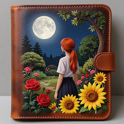 Photograph of a detailed, brown leather journal cover with a moonlit garden scene: red roses, sunflowers, a red-haired girl in a white