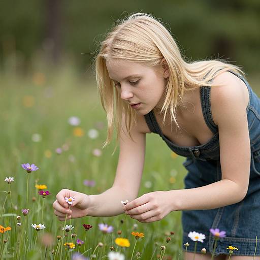 Blonde woman with fair skin, wearing denim overalls, gently picks wildflowers in a lush green meadow, focusing intently. Photograph.