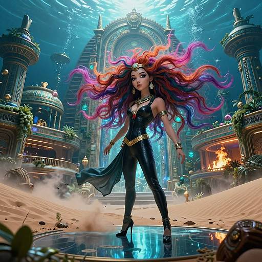 Digital fantasy artwork of a fierce, long-haired woman in a black leather outfit, standing confidently in a glowing, ornate, sci-fi temple.