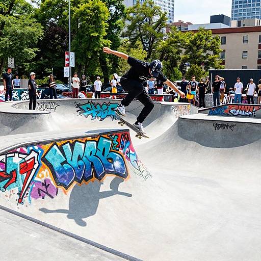Photograph of a skateboarder mid-trick in a graffiti-covered concrete skate park, surrounded by spectators, with urban buildings and trees in the background.