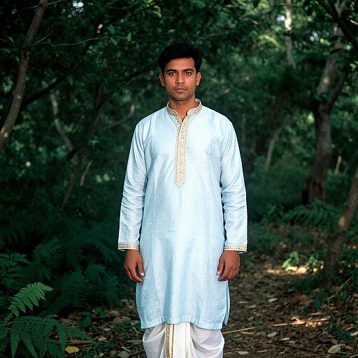 Photograph of a young South Asian man with short black hair, wearing a white traditional long kurta with gold embroidery, standing in a dense, green