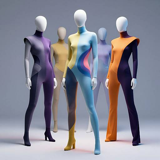 Photograph of five faceless, white mannequin figures in colorful, form-fitting bodysuits with vibrant swirl patterns, standing against a plain