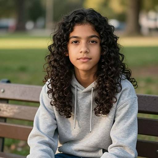 Photograph of a young woman with long, curly black hair, light brown skin, wearing a gray hoodie, sitting on a wooden bench in a sunny