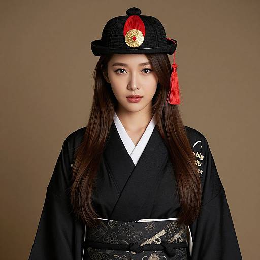 Photograph of an Asian woman with long dark hair, wearing a black traditional Korean hanbok, white collar, and black hat with red tassel